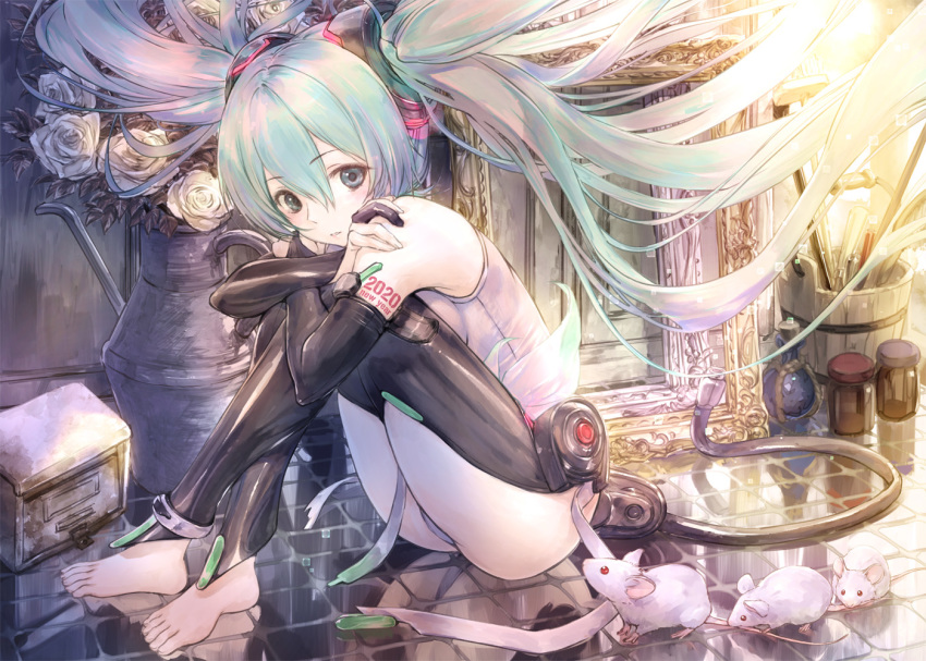 albino animal bare_shoulders barefoot black_gloves black_legwear bottle bucket commentary crossed_legs ek_masato elbow_gloves female flower gloves glowing green_eyes green_hair hair_between_eyes hair_ornament hatsune_miku hatsune_miku_(append) hugging_own_legs indoors knees_up leotard long_hair looking_at_viewer mouse_(animal) parted_lips partially_fingerless_gloves photoshop_(medium) picture_frame reflection rose sitting solo tail twintails very_long_hair vocaloid vocaloid_append white_flower white_leotard white_rose