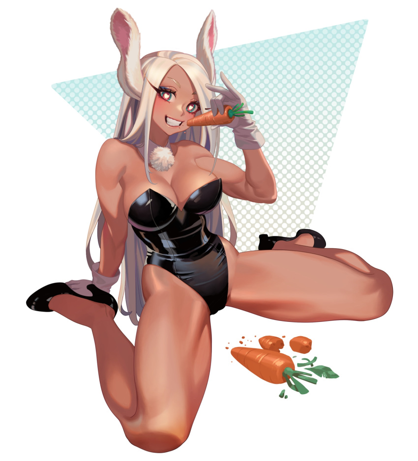 animal_ears bare_legs black_footwear black_leotard boku_no_hero_academia breasts carrot cleavage commentary dark-skinned_female dark_skin detached_collar female gloves high_heels highres hongcasso leotard long_hair mirko parted_lips playboy_bunny rabbit_ears rabbit_girl sitting smile solo strapless strapless_leotard white_gloves white_hair