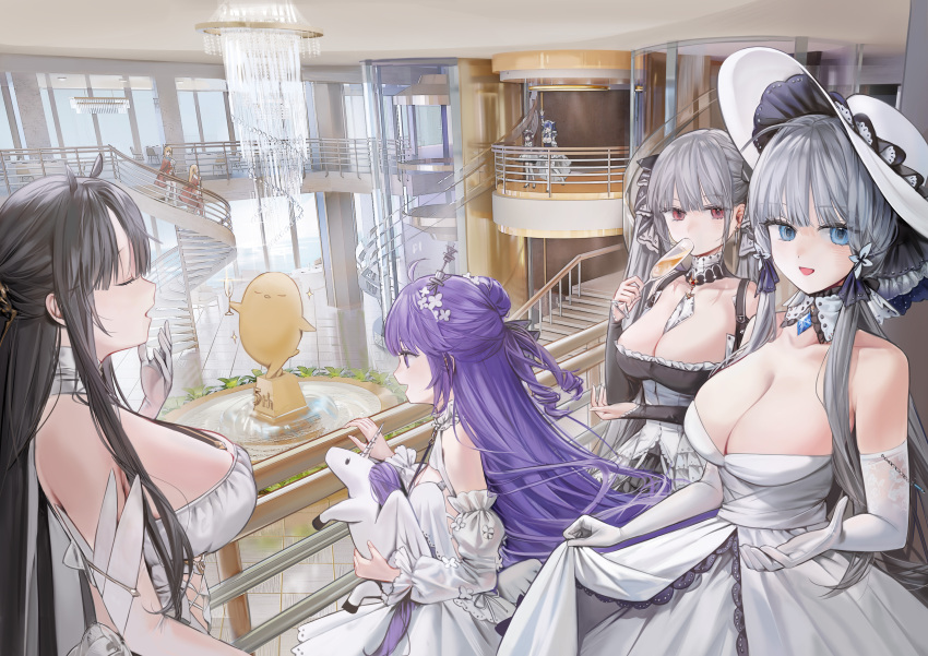 6+girls absurdres animal_ears anniversary azur_lane breasts cat_ears champagne_flute chandelier cheshire_(azur_lane) cleavage cup dress drinking_glass elbow_gloves formidable_(azur_lane) fountain gloves highres huge_breasts illustrious_(azur_lane) indomitable_(azur_lane) indoors jervis_(azur_lane) king_george_v_(azur_lane) large_breasts maid maid_headdress manjuu_(azur_lane) multiple_girls prince_of_wales_(azur_lane) quarter_1404 railing ship_interior stairs statue stuffed_toy stuffed_winged_unicorn unicorn_(azur_lane) white_dress white_gloves window