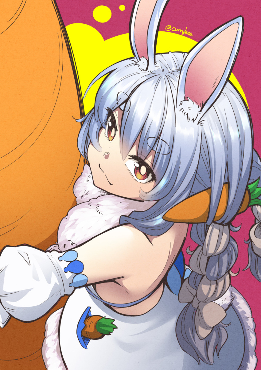 animal_ear_fluff animal_ears back blue_dress blue_hair bow braid brown_hair carillus carrot don-chan_(usada_pekora) dress female food food_in_pocket food_on_hair from_above fur-trimmed_dress fur_trim hairbow highres holding holding_food hololive hug long_hair looking_at_viewer multicolored_hair oversized_food oversized_object rabbit_ears red_background simple_background solo twin_braids twintails twitter_username two-tone_hair usada_pekora usada_pekora_(1st_costume) virtual_youtuber white_hair