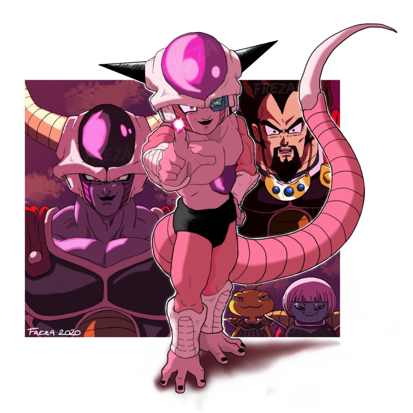 4boys absurdres armor artist_name beard berryblue black_eyes blue_skin cape closed_mouth colored_skin dragon_ball dragon_ball_super dragon_ball_super_broly energy facial_hair female freza frieza frieza_clan full_body highres horns incoming_attack kikono king_cold king_vegeta lips lipstick makeup male_focus multiple_boys muscular muscular_male open_mouth pointing pointing_at_viewer red_cape red_eyes saiyan_armor scouter short_hair smile standing tail yellow_skin