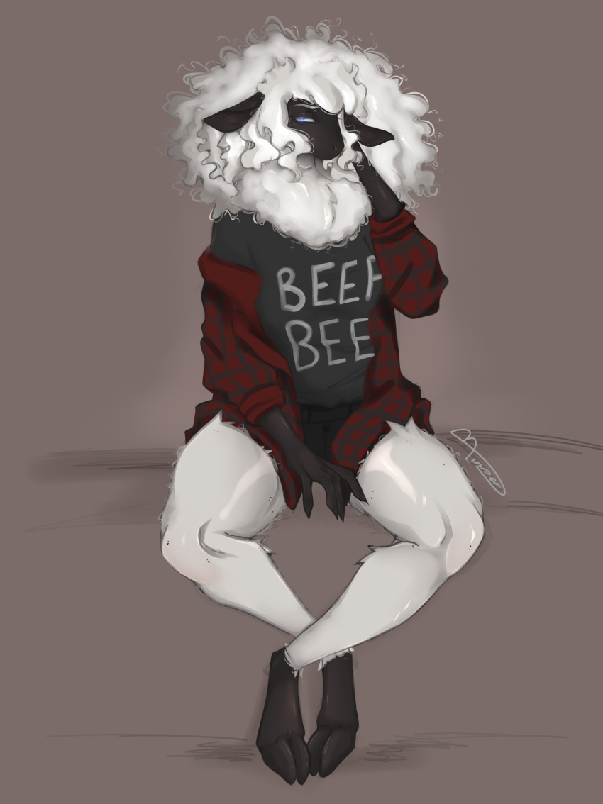 absurd_res anthro asdfmovie bare_legs beep_beep_i'm_a_sheep bovid caprine clothing female hi_res hooves illustration lvlirror mammal meme sheep shirt solo text text_on_clothing text_on_shirt text_on_topwear topwear