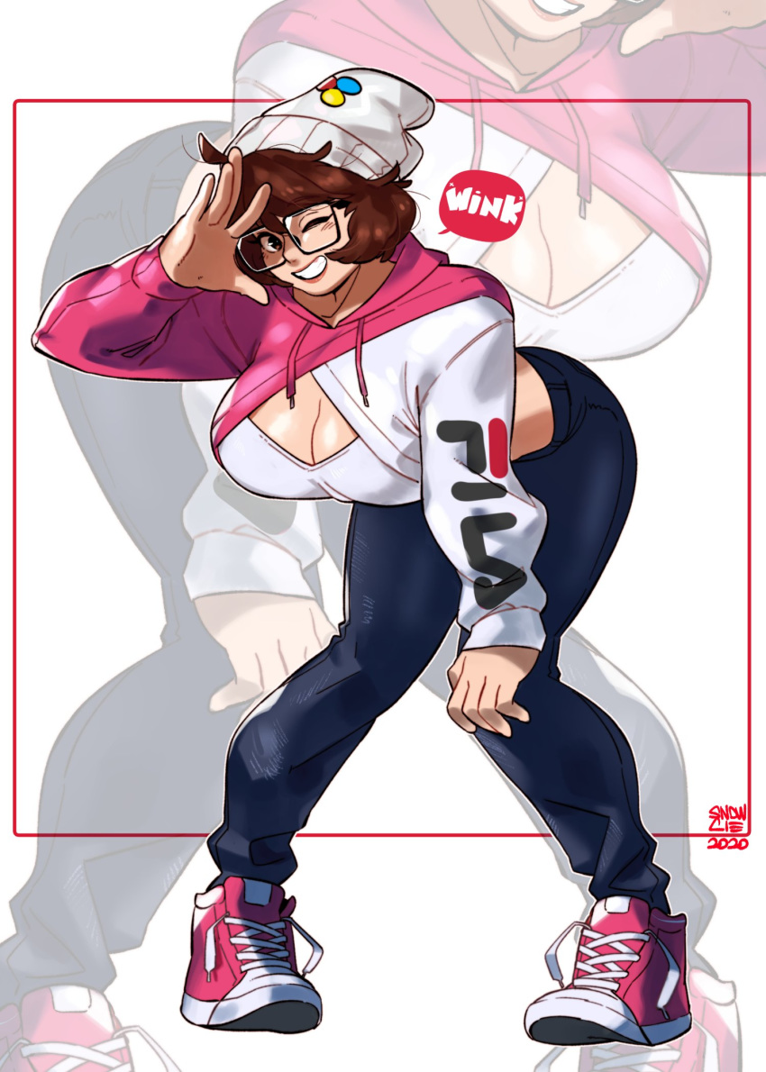 bent_over breasts brown_eyes brown_hair cleavage cropped_hoodie edie_crop_hoodie english_commentary female glasses highres hood hoodie large_breasts looking_at_viewer meme_attire one_eye_closed original short_hair smile snowcie snowciel_(snowcie) solo zoom_layer