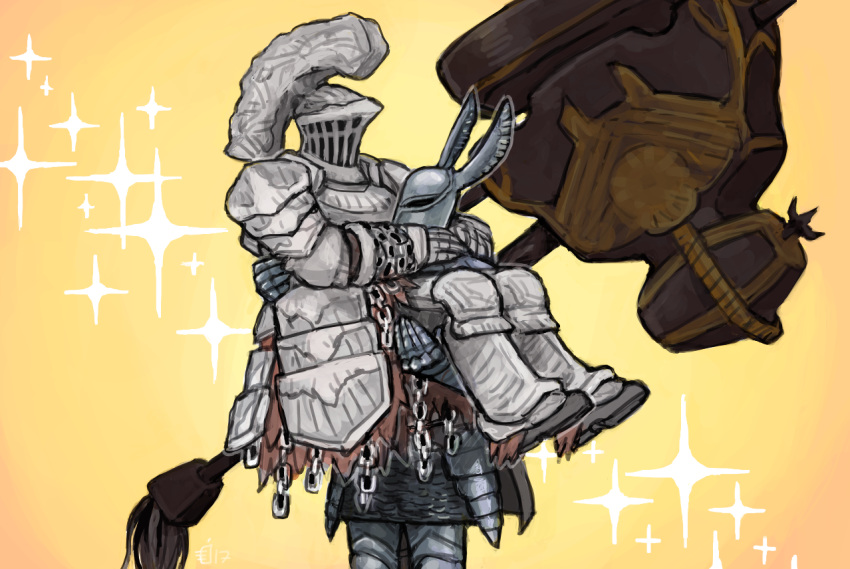 2boys armor boots carrying character_request commentary covered_face dark_souls_(series) dark_souls_i dark_souls_iii emlan english_commentary faulds full_armor gauntlets greaves hammer havel_the_rock helmet huge_weapon male_focus multiple_boys princess_carry silver_knight_(dark_souls) silver_knight_ledo sparkle standing weapon yaoi yellow_background