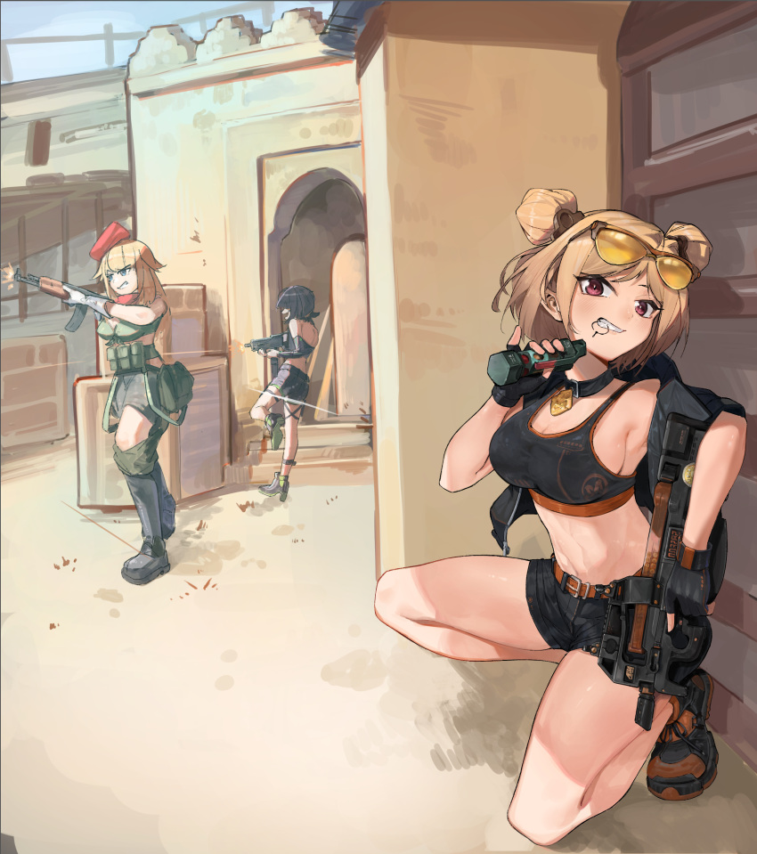 3girls absurdres ak-47 ak-47_(girls'_frontline) assault_rifle bare_shoulders belt black_choker black_footwear black_shorts black_sports_bra blonde_hair breasts brown_belt bullpup chadlink choker cleavage commentary_request commission counter-strike_(series) counter-strike_2 crop_top double_bun eyewear_on_head flashbang girls'_frontline grin gun hair_bun head_tilt highres holding holding_gun holding_weapon kalashnikov_rifle large_breasts looking_at_viewer mac-10/11 mac-10_(girls'_frontline) midriff multiple_girls navel on_one_knee outdoors p90 p90_(girls'_frontline) purple_eyes rifle second-party_source shoes short_hair short_shorts shorts smile sports_bra stomach submachine_gun sunglasses thighs weapon