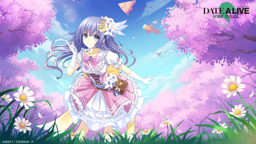 2019 bag blue_hair blue_sky bow bowtie cherry_blossoms cherry_tree choker closed_mouth collarbone copyright_name crescent crescent_hair_ornament daisy date_a_live day female floating_hair flower frilled_skirt frills gloves grey_eyes hair_between_eyes hair_flower hair_ornament highres index_finger_raised izayoi_miku layered_skirt leaning_forward long_hair looking_at_viewer medium_skirt multicolored_clothes multicolored_skirt official_art outdoors outstretched_arm pink_bow pink_bowtie pink_skirt ribbon_choker shirt short_sleeves skirt sky smile solo standing tree very_long_hair white_flower white_gloves white_shirt white_skirt yellow_choker