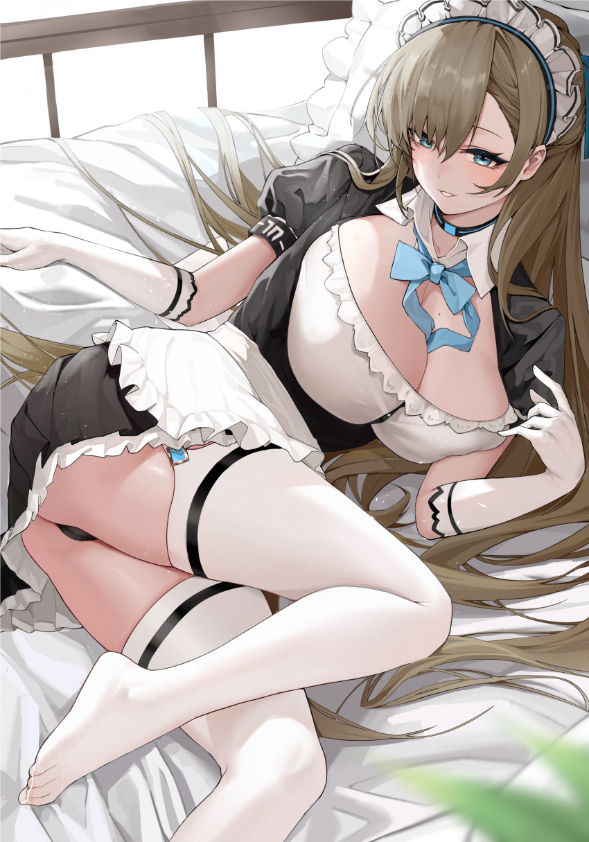 absurdres alternate_costume apron asuna_(blue_archive) bed_sheet black_choker black_panties blue_archive blue_bow blue_bowtie blue_eyes blurry bow bowtie breasts chinese_commentary choker cleavage depth_of_field dress elbow_gloves feet female foot_out_of_frame frilled_dress frills gloves highres large_breasts legs light_brown_hair long_hair lying maid maid_apron maid_headdress mole mole_on_breast mr.zhuo no_shoes on_side panties pantyshot parted_lips pillow solo thighhighs thighs toes underwear very_long_hair white_gloves white_thighhighs