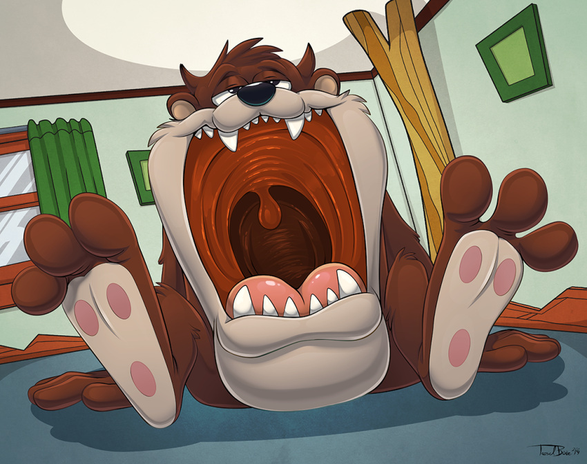 3_toes anthro brown_body brown_fur dasyurid dasyuromorph digital_media_(artwork) fangs featureless_crotch feet fingers fur half-closed_eyes leaning leaning_backward looney_tunes male mammal marsupial mouth_shot narrowed_eyes nude open_mouth paws sitting solo tasmanian_devil tasmanian_devil_(looney_tunes) taz-mania teaselbone teeth throat toes tongue uvula warner_brothers