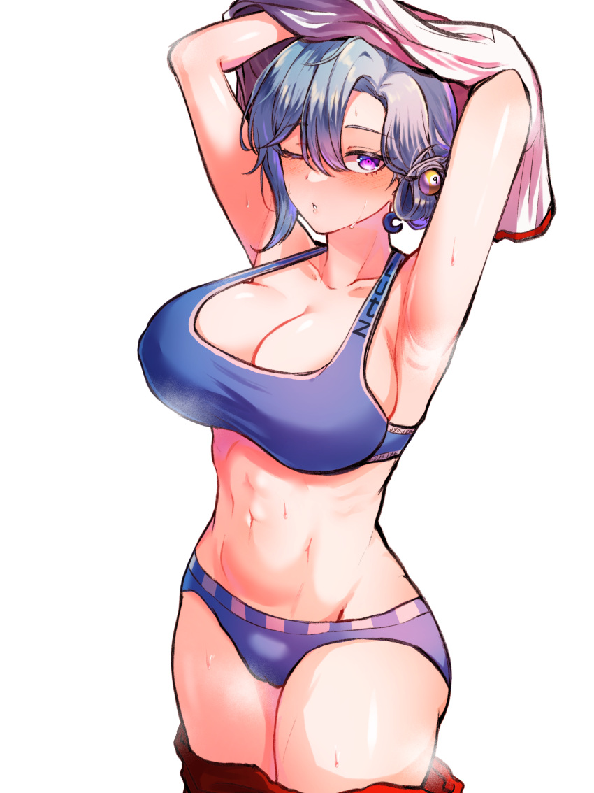 absurdres armpits arms_up bikini blue_bikini blue_hair blush breasts chiebukuro_setsuka cleavage collarbone commission danganronpa_(series) female folded_ponytail hair_between_eyes hair_ornament highres large_breasts light_blue_hair looking_at_viewer monja_(jyamong_0907) navel one_eye_closed pants red_pants shiny_skin smile solo stomach super_danganronpa_another_2 sweat swimsuit undressing