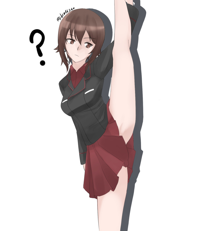 ? black_jacket bluff260 brown_eyes brown_hair closed_mouth commentary convenient_skirt dress_shirt female frown girls_und_panzer highres jacket kuromorimine_military_uniform leg_hold leg_up long_sleeves looking_at_viewer military military_uniform miniskirt nishizumi_maho pleated_skirt red_shirt red_skirt shadow shirt short_hair simple_background skirt solo split standing standing_on_one_leg standing_split twitter_username uniform white_background wing_collar