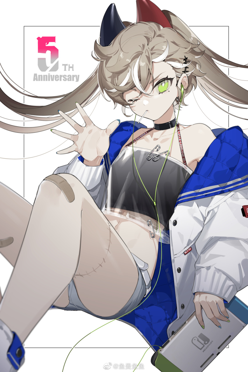 alternate_costume anniversary bandaid bandaid_on_knee bandaid_on_leg bare_shoulders brown_hair camisole candy commentary_request de_lisle_(girls'_frontline) ear_piercing earbuds earphones female food girls'_frontline green_eyes hair_ornament halterneck highres jacket lollipop long_hair messy_hair mole mole_under_eye mouth_hold multicolored_hair nintendo_switch off_shoulder one_eye_closed piercing safety_pin scar scar_on_leg shorts solo stitched_leg stitches twintails two-tone_hair unagi_(nakaelric) white_hair