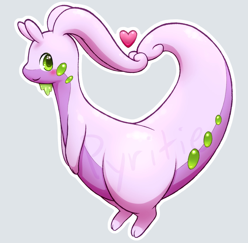 2020 ambiguous_gender big_tail blush digital_media_(artwork) dragon feral generation_6_pokemon goodra green_eyes heart_symbol hi_res looking_at_viewer mythological_creature mythological_scalie mythology nintendo nude pokemon pokemon_(species) purple_body pyritie scalie simple_background slime smile solo tail thick_tail thick_thighs