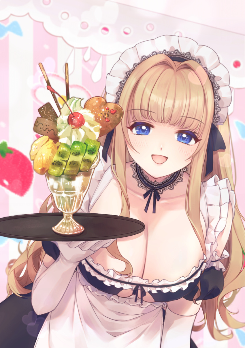 apron blonde_hair blue_eyes breasts chami_(charming621) cherry choker cleavage cookie dolphin_wave dress elbow_gloves female food frilled_apron frills fruit gloves hair_intakes heart-shaped_cookie highres holding holding_tray huge_breasts kirahoshi_kanna kiwi_(fruit) kiwi_slice lace lace_choker leaning_forward long_hair looking_at_viewer maid maid_headdress open_mouth parfait pocky ribbon skindentation smile solo tray very_long_hair whipped_cream