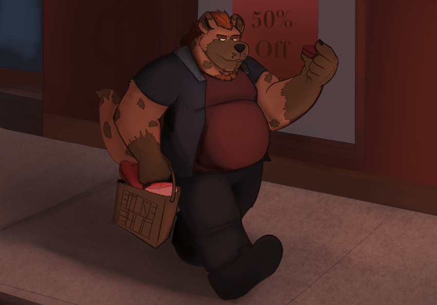 2021 anthro bottomwear brown_body brown_fur clothing crew_(dippubear) dippubear fur hi_res humanoid_hands hyena male mammal outside overweight overweight_male pants shirt solo spotted_hyena topwear