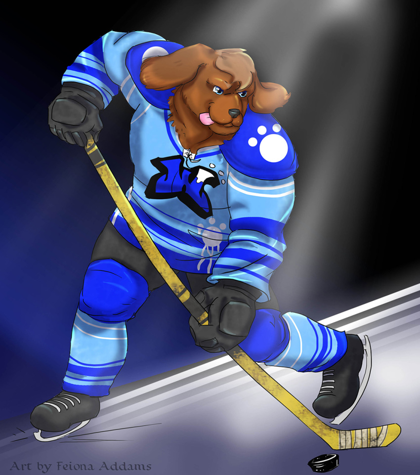 anthro blue_eyes brown_body brown_fur canid canine canis colored devin_d_parlett digital_media_(artwork) domestic_dog feiona floppy_ears fur hamilton_wanderers hi_res hockey hockey_gloves hockey_jersey hockey_puck hockey_rink hockey_stick ice_skates ice_skating male mammal molosser mountain_dog neck_tuft newfoundland_dog solo sport spotlight tape tongue tongue_out tuft