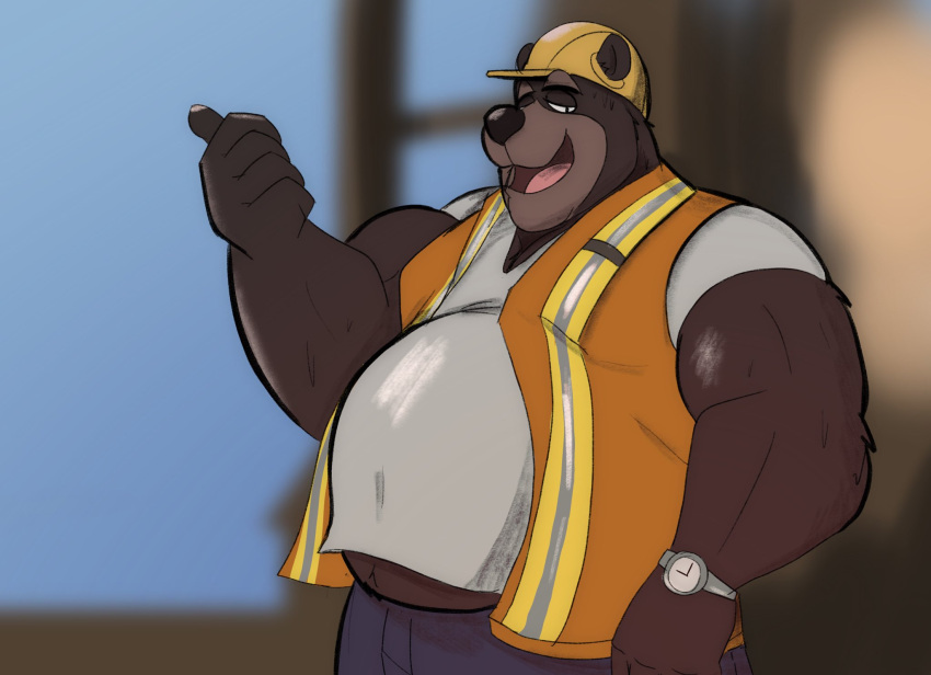 2021 anthro armor bear belly bottomwear clothing construction_worker dippubear hard_hat headgear helmet hi_res humanoid_hands male mammal outside overweight overweight_male pants shirt solo topwear