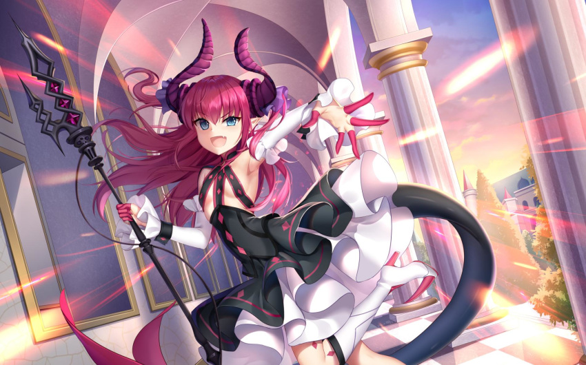 :d architecture armpits black_dress blue_eyes breasts day detached_sleeves dragon_horns dragon_tail dress elizabeth_bathory_(fate) elizabeth_bathory_(fate)_(all) fate/grand_order fate_(series) female floating_hair gothic_architecture highres holding holding_spear holding_weapon horns long_hair long_sleeves looking_at_viewer oerba_yun_fang open_mouth outstretched_arm pillar polearm red_hair small_breasts smile solo spear standing sunlight tail v-shaped_eyebrows weapon yue_xiao_e