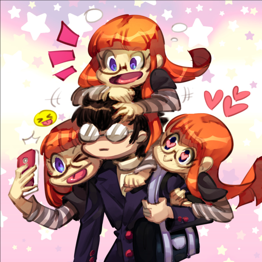 1boy :> ;p afterimage amamiya_ren arms_around_neck bag black_hair blue_eyes blunt_bangs blush commentary couple emoji english_commentary female glasses heart heart-shaped_pupils hug hug_from_behind one_eye_closed opaque_glasses orange_hair persona persona_5 rafchu sakura_futaba school_bag selfie semi-rimless_eyewear straight striped symbol-shaped_pupils tongue tongue_out under-rim_eyewear