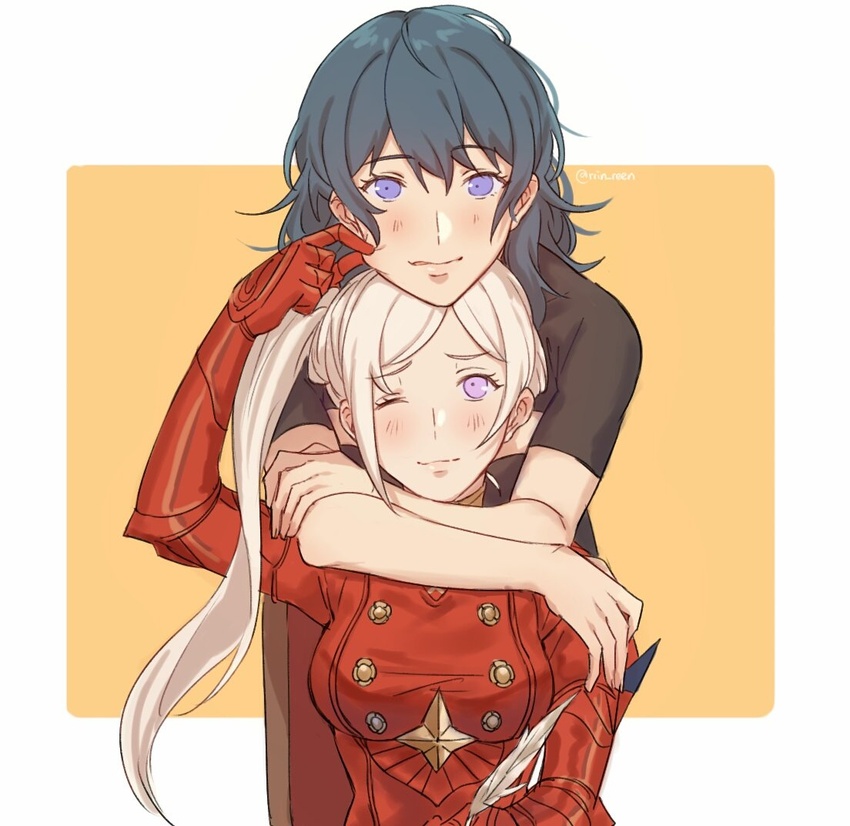 2girls alternate_hairstyle artist_name blue_eyes blush byleth_(female)_(fire_emblem) byleth_(fire_emblem) cheek_pinching commentary couple edelgard_von_hresvelg elbow_gloves english_commentary fire_emblem fire_emblem:_three_houses gloves green_hair hair_between_eyes holding holding_quill hug hug_from_behind looking_at_viewer medium_hair multiple_girls one_eye_closed pinching purple_eyes quill red_gloves side_ponytail simple_background smile twitter_username upper_body white_hair yukari_(bryleluansing) yuri