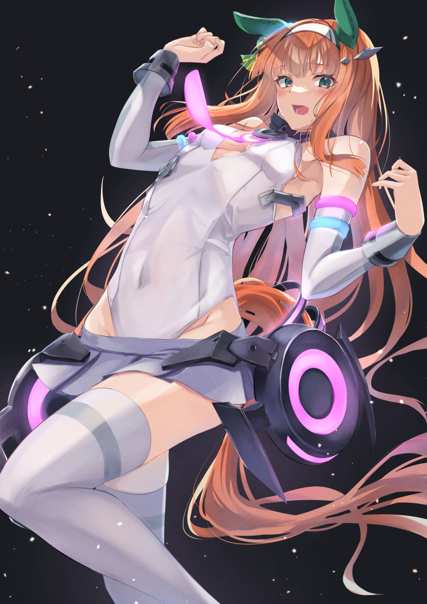 absurdres animal_ears black_background breasts commentary_request cosplay covered_navel female hairband highres horse_ears horse_girl horse_tail long_hair looking_at_viewer mihono_bourbon_(umamusume) mihono_bourbon_(umamusume)_(cosplay) necktie open_mouth orange_hair pandoa_(mikage0495) pink_necktie silence_suzuka_(umamusume) small_breasts solo tail thighhighs umamusume white_hairband white_thighhighs