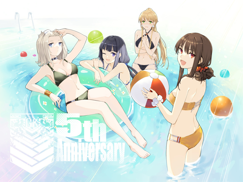 4girls :d alternate_costume anniversary ball barefoot beachball bikini black_hair blonde_hair blue_eyes bracelet breasts brown_hair cleavage commentary_request creator_connection embarrassed falcon_(girls'_frontline) girls'_frontline green_eyes hair_ornament hair_scrunchie hao_(patinnko) highres innertube jewelry large_breasts long_hair looking_at_viewer medium_breasts medium_hair multiple_girls navel one_eye_closed open_mouth pp-19_(girls'_frontline) purple_eyes red_eyes scrunchie sidelocks smile stg44_(girls'_frontline) swim_ring swimsuit type_81_carbine_(girls'_frontline) wading water white_bikini white_hair