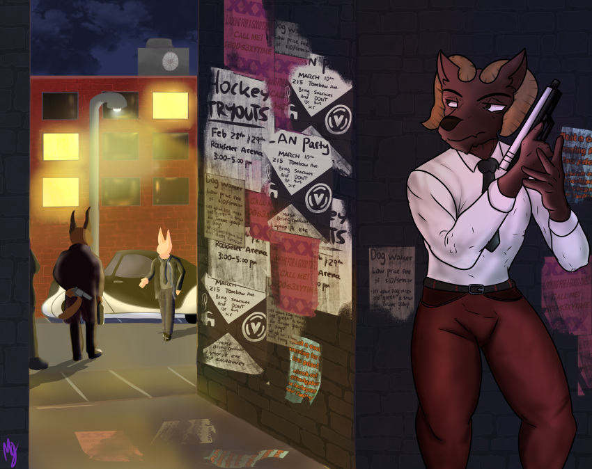 absurd_res alley anthro assassin big_floppa bingus black_body bovid_horn canid canine canis caprine_horn caracal caracal_(genus) city cityscape clothed clothing detailed_background domestic_cat ehru_(sligarthetiger) english_text felid feline felis flyer_(pamphlet) frostyphox group gun hairless hairless_cat hi_res hiding horn hybrid male mammal meme night pamphlet ram_horn ranged_weapon serious shirt solo suit text topwear vehicle weapon white_clothing white_shirt white_topwear wolf