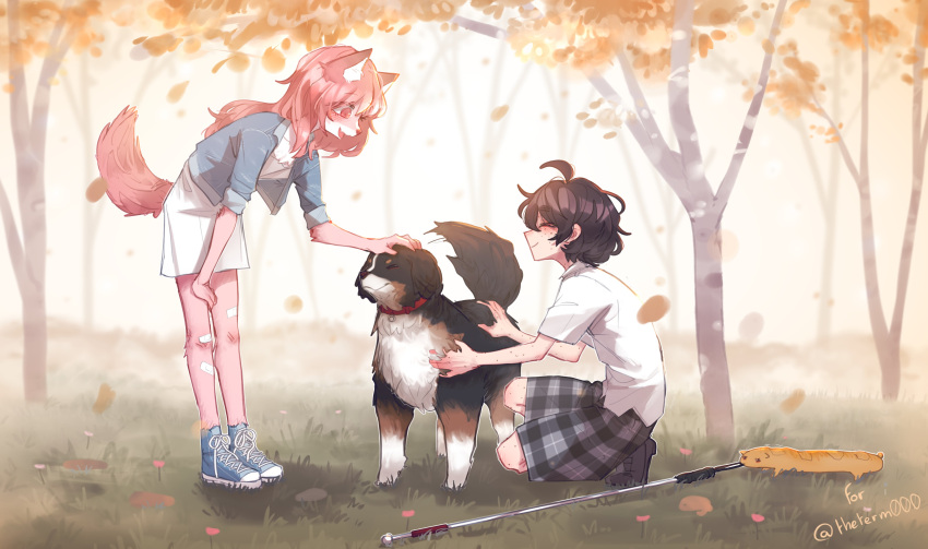 2girls absurdres ahoge animal_ears bandaid bandaid_on_knee bandaid_on_leg bernese_mountain_dog black_footwear black_hair blind_girl's_dog_(popopoka) blind_girl_(popopoka) body_freckles borrowed_character brown_eyes cane canine cat_baguette_(popopoka) closed_eyes closed_mouth commission dog_ears dog_girl dog_tail food-themed_creature freckles from_side fur-chan_(theterm000) furry furry_female grass highres leaning_forward long_sleeves multiple_girls original petting plaid plaid_skirt popopoka shirt shoes short_hair skirt smile sneakers standing tail tree white_cane white_shirt white_skirt