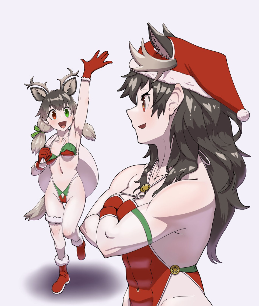 2girls :d animal_ears antlers antlers_through_headwear arm_up armpits bikini black_hair boots breasts brown_eyes burikarun christmas collarbone covered_navel crossed_arms deer_ears deer_girl deer_tail extra_ears full_body gloves green_eyes grey_hair groin hat heterochromia highleg highleg_bikini highleg_leotard highres horns kemono_friends leotard long_hair looking_at_another moose_(kemono_friends) multicolored_hair multiple_girls open_mouth pom_pom_(clothes) red_eyes reindeer_(kemono_friends) santa_bikini santa_hat smile stomach strapless strapless_leotard swimsuit tail thigh_gap thigh_strap toned toned_female twintails two-tone_hair unaligned_breasts upper_body walking