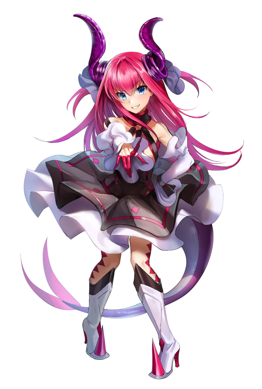 asymmetrical_horns blue_eyes boba boots circle_skirt commentary corset curled_horns dragon_girl dragon_horns dragon_tail dress elizabeth_bathory_(fate) elizabeth_bathory_(fate/extra_ccc) elizabeth_bathory_(first_ascension)_(fate) fate/extra fate/extra_ccc fate/grand_order fate_(series) female full_body high_heel_boots high_heels highres horns idol layered_dress long_hair pink_hair pointy_ears simple_background solo spiked_footwear tail uneven_horns white_background white_footwear