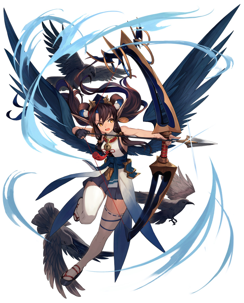 absurdres animal arrow_(projectile) bell bird bow_(weapon) breasts brown_hair collar feathered_wings female floating_hair full_body glint hair_rings hat highres holding holding_arrow holding_bow_(weapon) holding_weapon japanese_clothes large_wings long_hair long_pointy_ears neck_bell obi open_mouth original parted_bangs pleated_skirt pointy_ears sandals sash shirt sideboob skirt sleeveless sleeveless_shirt solo standing standing_on_one_leg teo_(telo_ruka) thighhighs twintails v-shaped_eyebrows very_long_hair weapon wings yellow_eyes