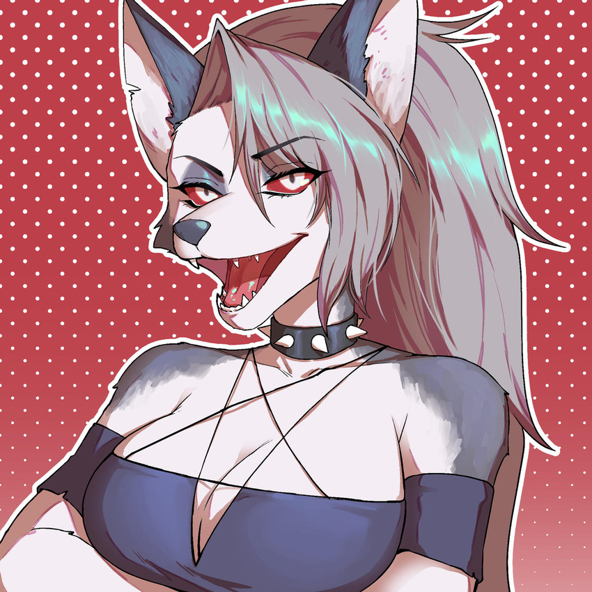 1:1 anthro breasts canid canid_demon clothing collar demon eyebrows eyelashes female fur grey_body grey_fur grey_hair hair hellhound helluva_boss hi_res inner_ear_fluff loona_(vivzmind) mammal multicolored_body multicolored_fur open_mouth open_smile red_background red_sclera redromace sharp_teeth simple_background smile spiked_collar spikes teeth tongue torn_clothing tuft white_body white_eyes white_fur