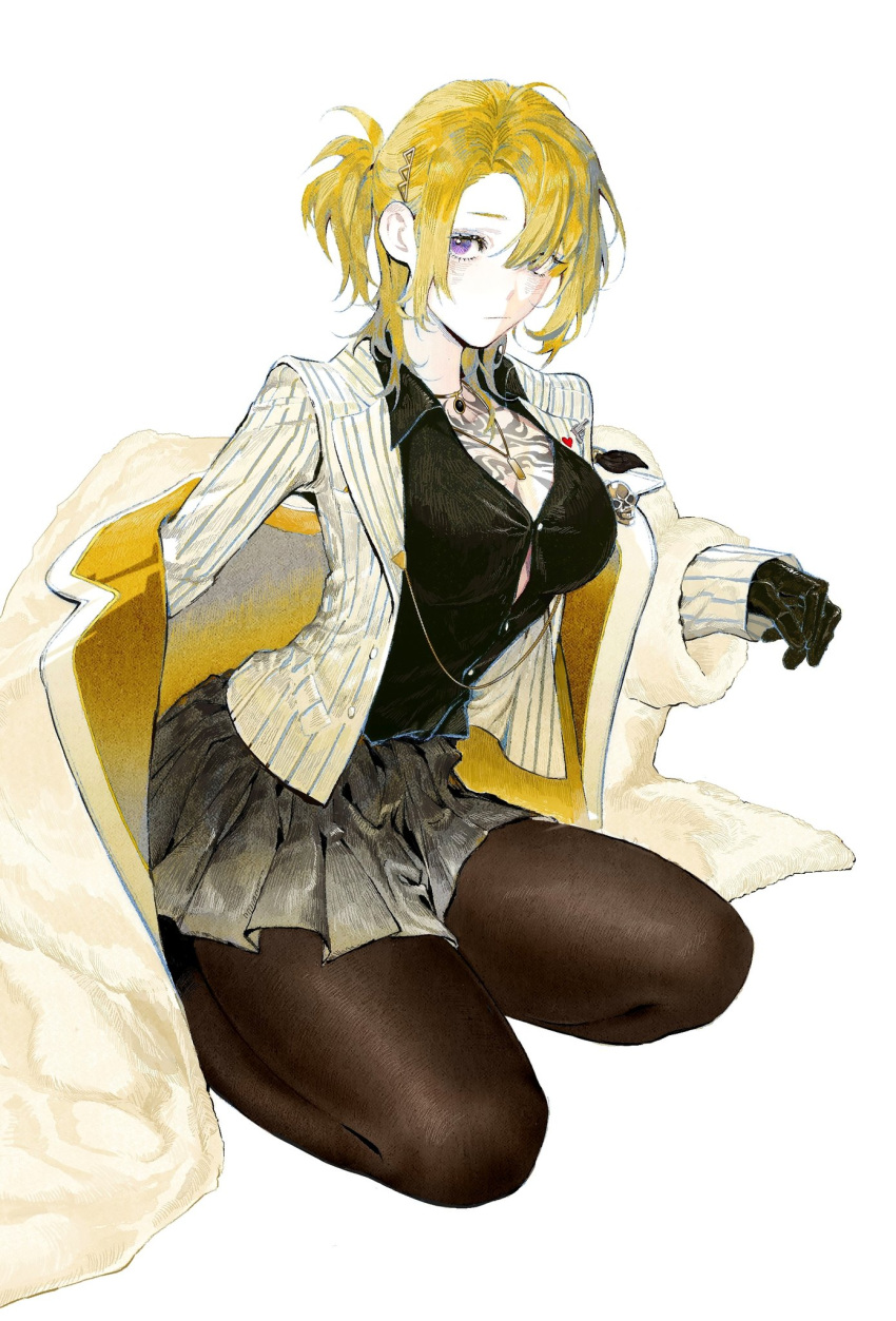 black_dress black_gemstone black_gloves blonde_hair breasts button_gap caradocc chest_tattoo cleavage collared_shirt dog_tags dress dress_shirt eyelashes female full_body fur_collar genderswap_(mtf) gloves grey_skirt gun_print hair_ornament hair_over_one_eye half_updo heart heart_print highres jacket jewelry looking_at_viewer luca_kaneshiro luca_kaneshiro_(1st_costume) lucy_kaneshiro miniskirt neck_ring nijisanji nijisanji_en off_shoulder on_one_knee open_clothes open_jacket pantyhose pendant pleated_skirt purple_eyes rule_63 shirt simple_background skirt skull_ornament sleeves_past_wrists solo tattoo virtual_youtuber white_background