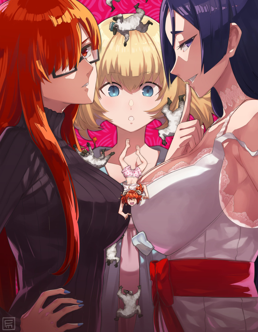 3boys 4girls ahoge black_sweater blonde_hair blue_eyes boxer_briefs breasts castor_(fate) catherine catherine_(cosplay) catherine_(game) catherine_cover_parody commentary cosplay dress fate/grand_order fate_(series) fiery_hair fujimaru_ritsuka_(female) fumato glasses hair_over_one_eye hat head_wreath highres horns katherine_mcbride katherine_mcbride_(cosplay) koha-ace large_breasts long_hair long_sleeves looking_at_viewer male_underwear medium_hair minamoto_no_raikou_(fate) multiple_boys multiple_girls oda_nobukatsu_(fate) oda_nobunaga_(fate) oda_nobunaga_(maou_avenger)_(fate) one_side_up open_mouth orange_eyes orange_hair parody parted_bangs peaked_cap pink_dress pink_shorts pollux_(fate) ponytail purple_eyes purple_hair red_eyes red_hair ribbed_sweater rin_(catherine) rin_(catherine)_(cosplay) sakata_kintoki_(fate) sash sheep sheep_horns shirt shorts sideways_glance smile sparkling_eyes sunglasses sweater turtleneck turtleneck_sweater underwear very_long_hair white_dress white_shirt