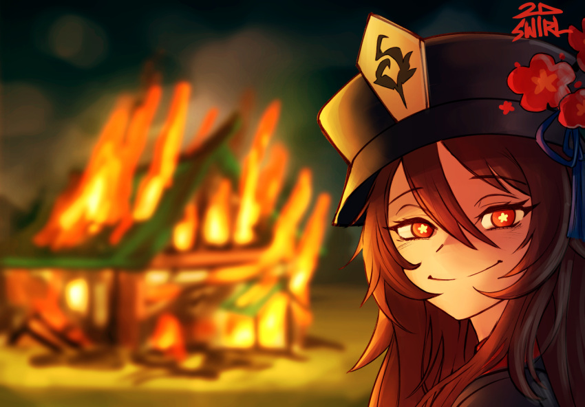 2dswirl black_hat black_shirt blurry blurry_background brown_eyes brown_hair burning burning_building cropped_shoulders destruction disaster_girl_(meme) english_commentary female fire flower genshin_impact hair_between_eyes hat hat_ornament house hu_tao_(genshin_impact) long_hair looking_at_viewer meme plum_blossoms porkpie_hat red_eyes red_shirt shirt smirk solo symbol-shaped_pupils