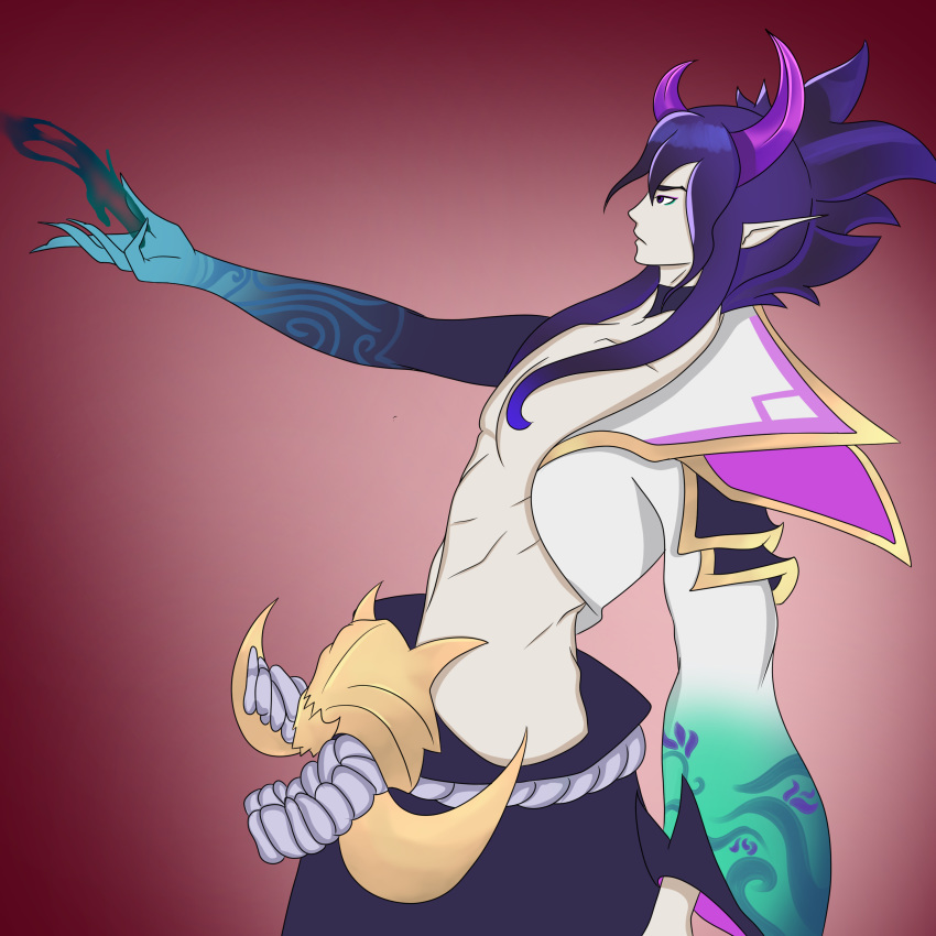 1boy absurdres collarbone cowboy_shot demon_boy from_side highres league_of_legends male_focus outstretched_arm pointy_ears purple_eyes purple_hair red_background self-upload shamashio solo spirit_blossom_thresh thresh_(league_of_legends)