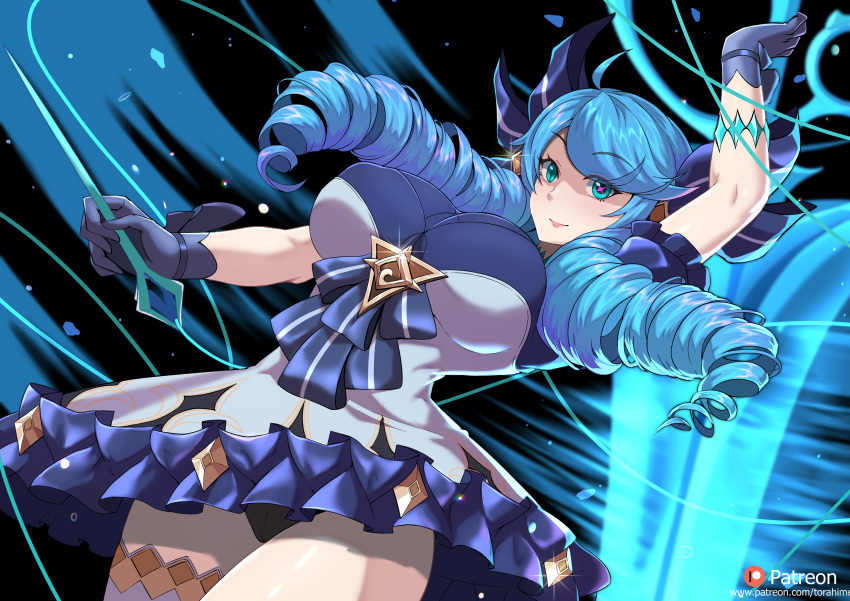 absurdres black_panties blue_eyes blue_hair breasts drill_hair female gwen_(league_of_legends) highres large_breasts league_of_legends long_hair looking_at_viewer needle panties pantyshot scissors single_thighhigh solo symbol_in_eye thighhighs thread torahime_(roland00) underwear