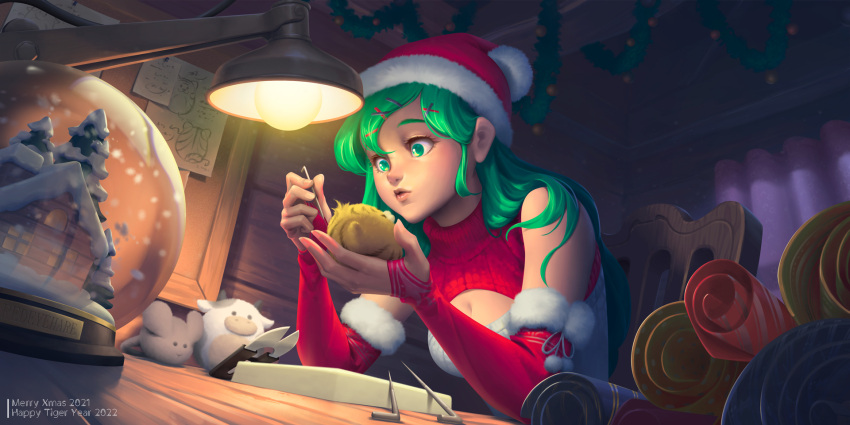 black_light breasts christmas cleavage elbow_gloves female fingerless_gloves fur_trim gloves green_eyes green_hair hat highres indoors long_hair medium_breasts original santa_hat snow_globe solo toy wrapping_paper