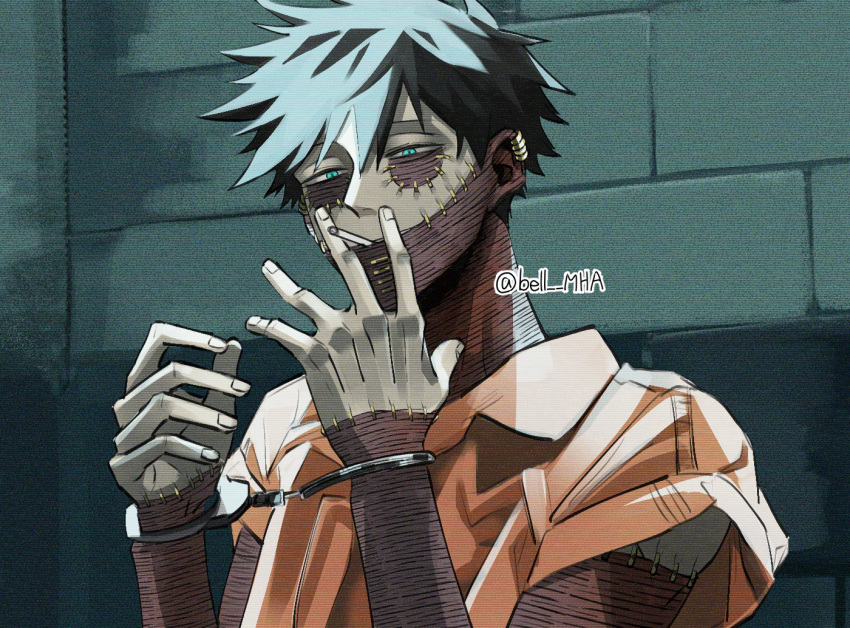 1boy bell_mha black_hair blue_eyes boku_no_hero_academia burn_scar cigarette cuffs dabi_(boku_no_hero_academia) ear_piercing handcuffs hands_up male_focus mouth_hold multiple_scars piercing prison_clothes restrained scar scar_across_eye scar_on_arm scar_on_ear scar_on_face scar_on_mouth scar_on_neck short_hair short_sleeves sleeves_rolled_up smoking solo spiked_hair stapled stone_wall twitter_username wall