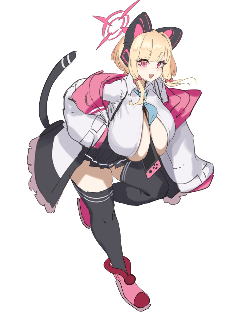 absurdres alternate_breast_size animal_ear_headphones animal_ears between_breasts black_skirt blonde_hair blue_archive blue_necktie blush bow breasts cat_ear_headphones cat_ears cat_tail fake_animal_ears female full_body gya_rb halo headphones highres huge_breasts jacket long_sleeves looking_at_viewer momoi_(blue_archive) necktie nintendo_switch open_clothes open_jacket open_mouth shirt short_hair simple_background skirt smile solo standing tail thighhighs white_background white_shirt