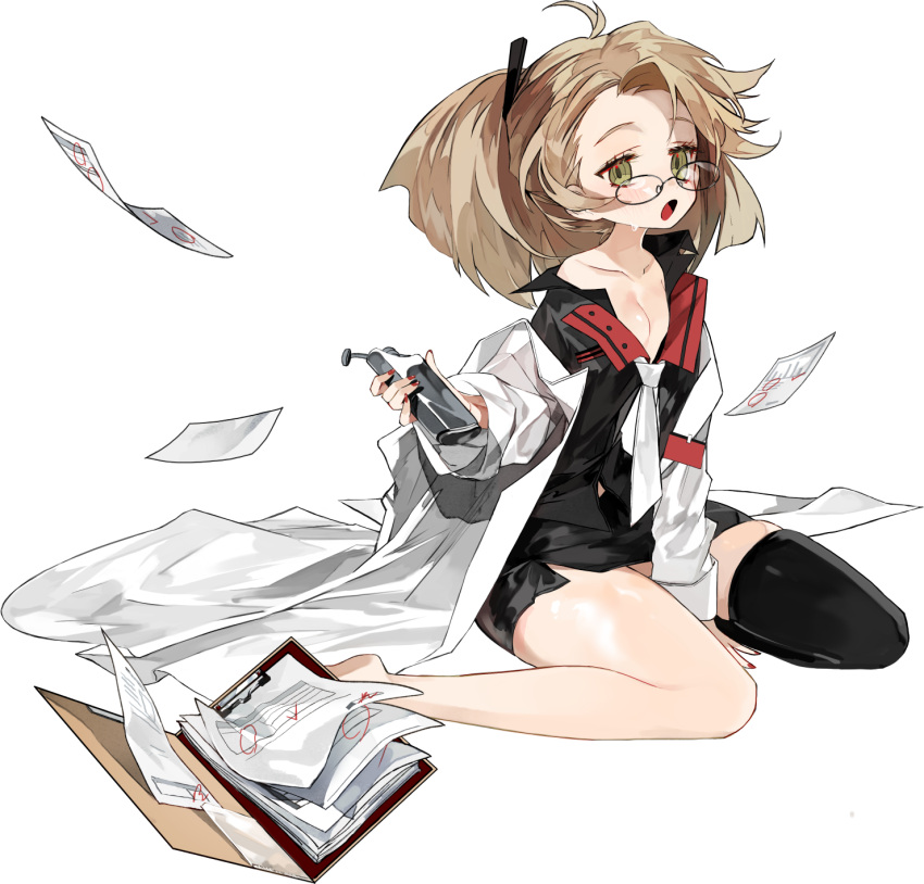 antenna_hair artist_request black_panties black_skirt black_sleeves black_thighhighs black_undershirt breasts button_gap checkmark clipboard coat collarbone collared_coat collared_shirt dress_shirt female final_gear floating floating_object folder full_body glasses hair_ornament hairclip hand_on_ground highres holding jpeg_artifacts lab_coat lace-trimmed_panties lace_trim leilani_(final_gear) light_brown_hair long_sleeves looking_at_viewer medium_breasts nail_polish name_tag necktie off_shoulder official_art open_clothes open_mouth panties paper petticoat ponytail red_nails shirt side_slit simple_background single_bare_leg single_bare_shoulder single_barefoot single_thighhigh sitting sitting_on_leg skirt slip_showing solo tachi-e thighhighs third-party_source transparent_background underwear white_coat white_necktie white_sleeves yellow_eyes