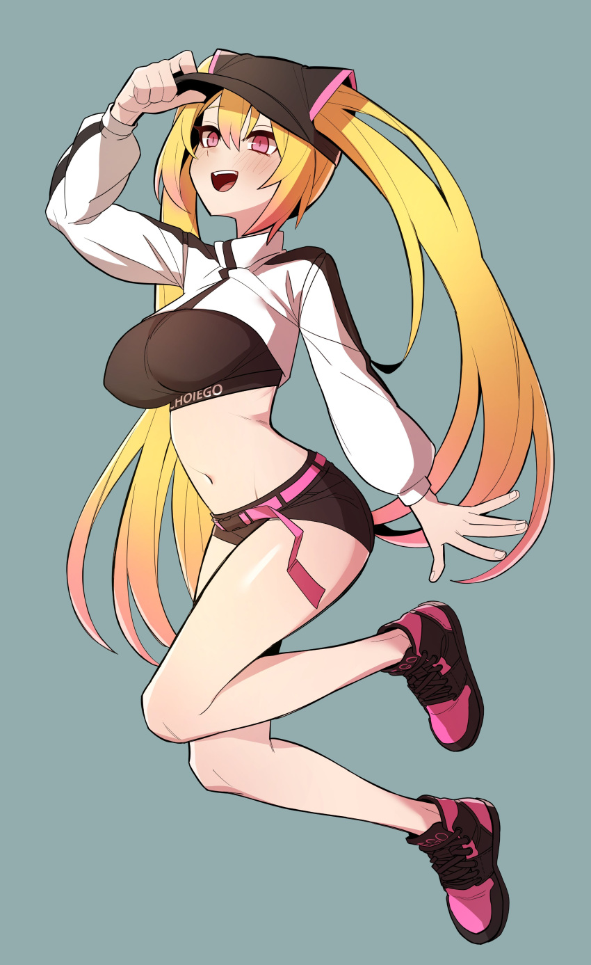 :d absurdres animal_ear_headwear arm_up bare_legs baseball_cap belt black_hat black_shirt black_shorts blonde_hair breasts choi_ego commission covered_nipples crop_top female full_body gradient_hair grey_background hair_between_eyes hair_through_headwear hand_on_headwear hat highres large_breasts long_hair long_sleeves micro_shorts midriff multicolored_hair navel original red_eyes second-party_source shirt shoes shorts shrug_(clothing) simple_background smile sneakers solo stomach sung08ko thighs twintails very_long_hair