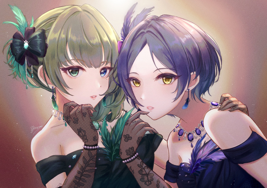 2girls absurdres black_dress blue_eyes blush bracelet dress earrings feather_hair_ornament feathers gem gloves green_eyes green_hair hair_ornament hayami_kanade heterochromia highres idolmaster idolmaster_cinderella_girls jewelry lace lace_gloves looking_at_viewer mole mole_under_eye multiple_girls mysterious_eyes_(idolmaster) necklace pearl_bracelet pretty_liar_(idolmaster) purple_dress short_hair signature takagaki_kaede upper_body yellow_eyes yuusha_(hwhe2257)