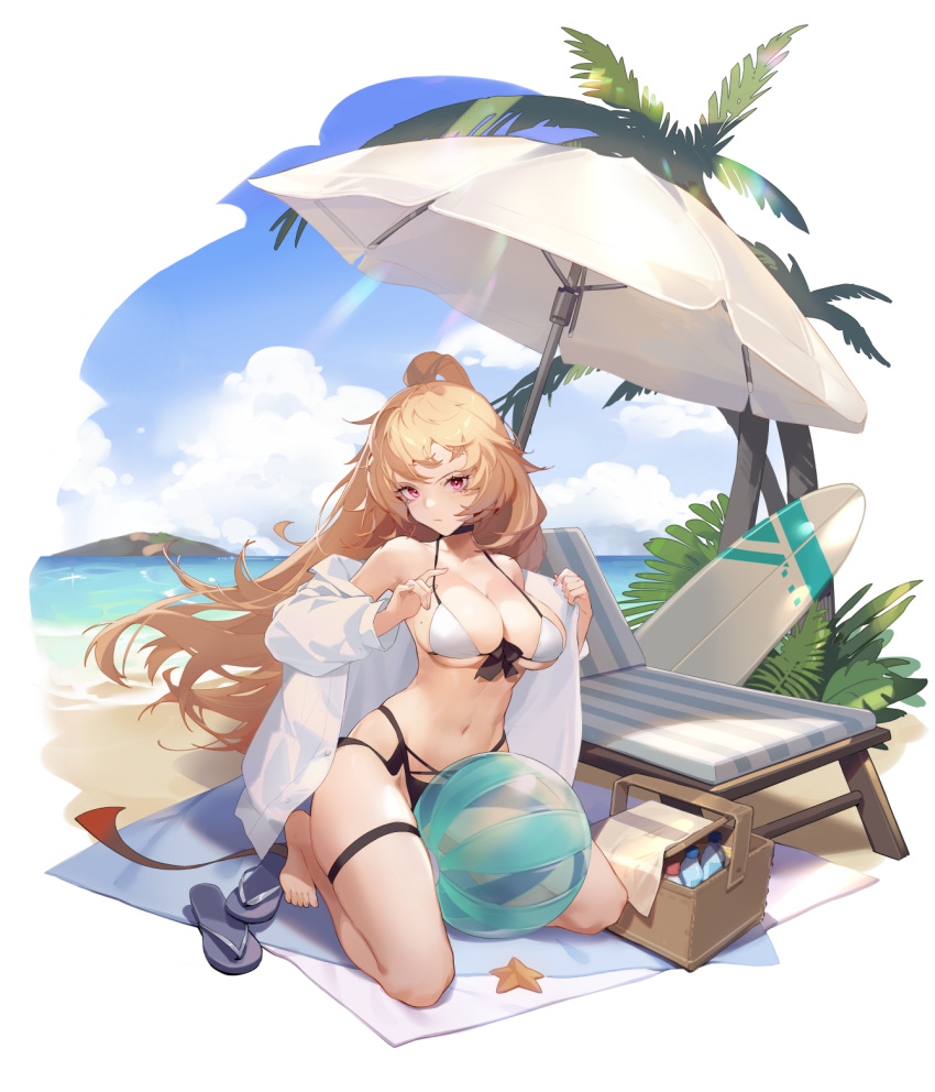 aqua_stripes artist_request asteria_(final_gear) bare_legs bare_shoulders basket bikini black_bikini black_choker black_footwear black_ribbon black_straps blanket blonde_hair blue_sky bottle breasts buttons chair choker cloud cloudy_sky collarbone cross-laced_bikini cross-laced_clothes cross-laced_straps dress_suit female final_gear flip-flops frown full_body half_updo high_ponytail highres island large_breasts long_hair looking_at_viewer lotion midriff multi-strapped_bikini_bottom official_art outdoors palm_tree red_eyes ribbon sand sandals see-through_ball seiza shirt simple_background sitting sky solo starfish sunlight sunscreen surfboard swimsuit thigh_strap third-party_source transparent_background tree tropical umbrella undressing very_long_hair water water_bottle white_bikini white_shirt white_stripes white_umbrella