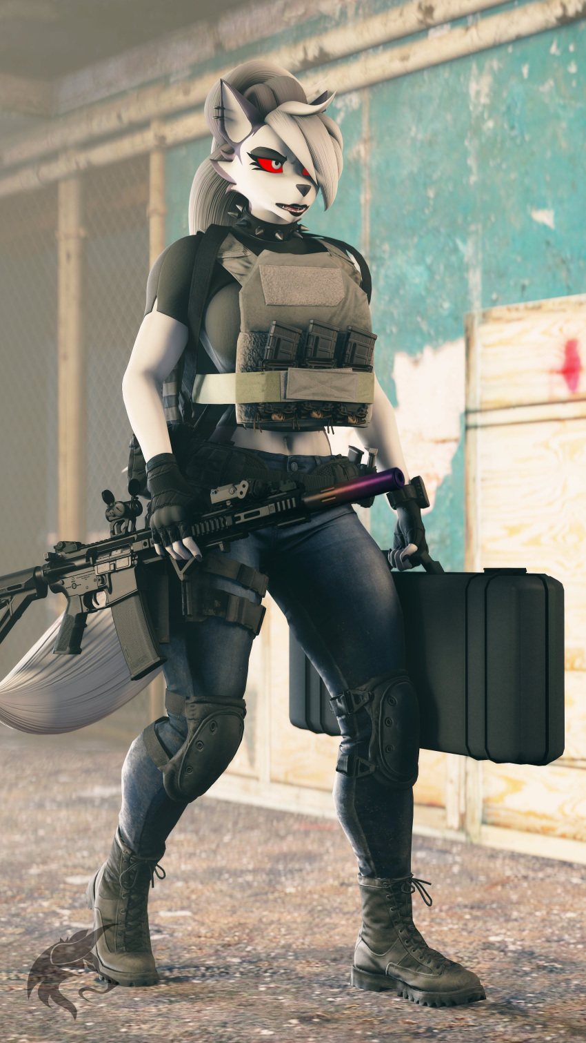 3d_(artwork) 4k 9:16 absurd_res anthro boots bottomwear canid canine canis clothing collar digital_media_(artwork) ear_piercing eyelashes female footwear fur grey_body grey_eyes grey_fur grey_hair gun hair helluva_boss hi_res holding_gun holding_object holding_ranged_weapon holding_weapon humanoid loona_(helluva_boss) loona_(wolfgal_w_horns) ludexus mammal navel open_mouth pants piercing ranged_weapon red_sclera rifle shirt solo spiked_collar spikes teeth topwear weapon wolf