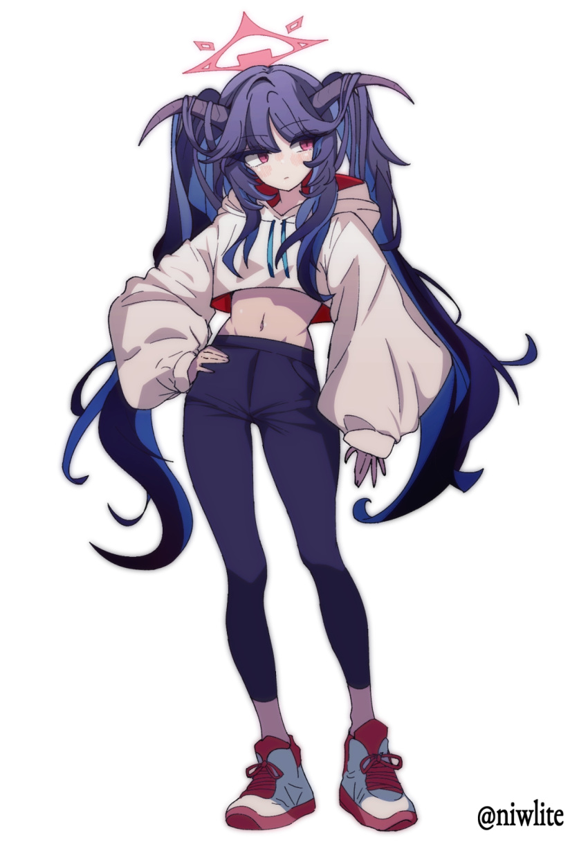 black_hair black_pants blue_archive closed_mouth demon_horns female full_body fuuka_(blue_archive) grey_horns halo hand_on_own_hip highres hood hood_down hoodie horns long_hair long_sleeves navel niwlite pants puffy_long_sleeves puffy_sleeves red_eyes red_halo shoes simple_background solo twintails twitter_username white_background white_footwear white_hoodie