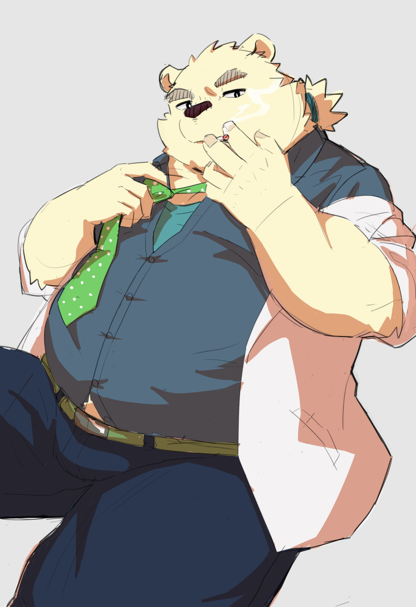 absurd_res anthro bear belly belt bulge cigarette clothing coat dress_shirt eyebrows fur hair hi_res lab_coat leib_(tas) lifewonders male mammal necktie overweight penguin0700 polar_bear ponytail shirt smoking solo thick_eyebrows tokyo_afterschool_summoners topwear undressing ursine white_body white_fur