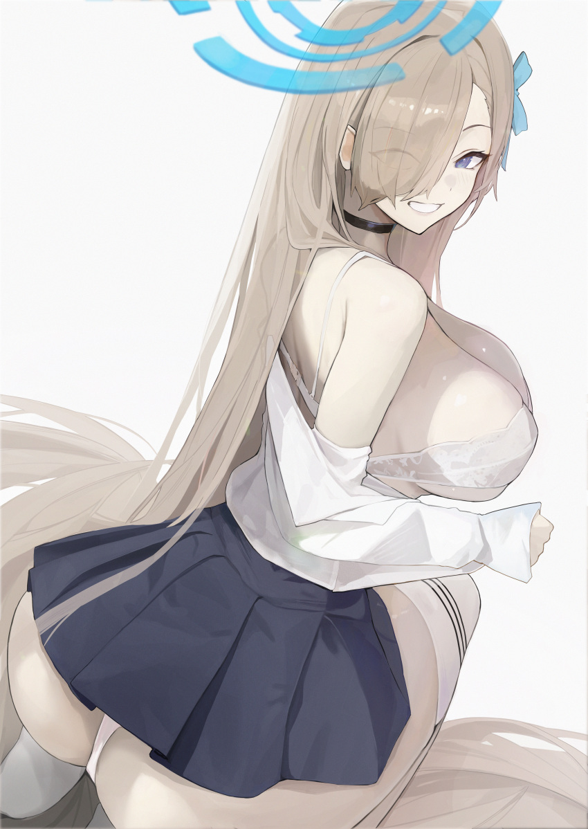 absurdres ass asuna_(blue_archive) black_choker black_skirt blue_archive blue_eyes blue_halo blue_ribbon blush bra breasts choker commentary female grin hair_over_one_eye hair_ribbon halo highres large_breasts light_brown_hair long_hair long_sleeves panties pleated_skirt ribbon school_uniform shakabrah shirt simple_background skirt smile solo underwear white_background white_bra white_panties white_shirt