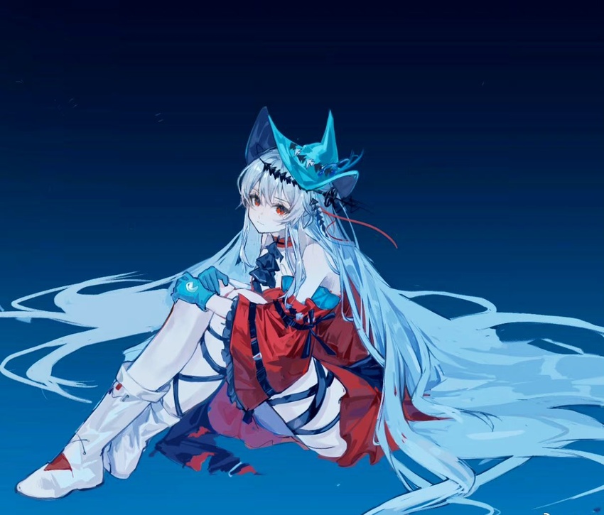 aqua_gloves aqua_hat arknights blue_background blue_theme boots chinese_commentary color_contrast commentary_request detached_sleeves dress female frown full_body gloves gradient_background grey_hair hat lin_qing_(phosphorus_1104) long_hair looking_at_viewer red_dress red_eyes sitting skadi_(arknights) skadi_the_corrupting_heart_(arknights) solo thigh_strap thighs very_long_hair white_footwear