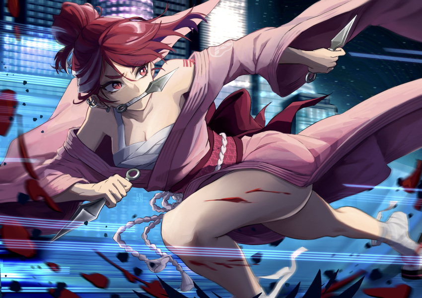 bandaged_foot bandages bare_legs bare_shoulders breasts character_request chest_sarashi commentary copyright_request dual_wielding ear_piercing feet female highres holding holding_weapon japanese_clothes kimono kunai laubun long_sleeves medium_breasts mouth_hold night obi off_shoulder piercing pink_kimono pink_sash red_eyes red_hair running sarashi sash short_hair solo thighs weapon wide_sleeves