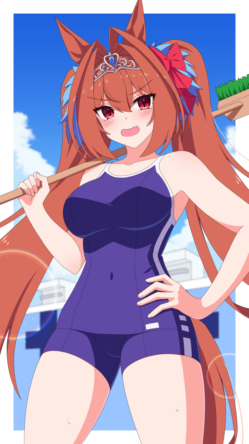 absurdres animal_ears antenna_hair bare_shoulders blue_one-piece_swimsuit blue_sky blush border breasts broom cloud cloudy_sky commentary_request competition_school_swimsuit competition_swimsuit covered_navel cowboy_shot daiwa_scarlet_(umamusume) female hair_intakes hand_on_own_hip highres holding holding_broom horse_ears horse_girl horse_tail jyujo_niton large_breasts lens_flare long_hair one-piece_swimsuit open_mouth outdoors outside_border red_eyes red_hair school_swimsuit sky solo swimsuit tail tiara tracen_swimsuit umamusume v-shaped_eyebrows white_border